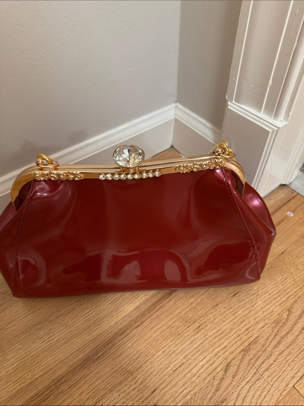 Red Patent Glam Clutch with Gold Crystal Accent